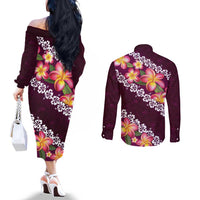 Pink Polynesia Couples Matching Off The Shoulder Long Sleeve Dress and Long Sleeve Button Shirt Plumeria With Hibiscus Pattern Tropical Vibes
