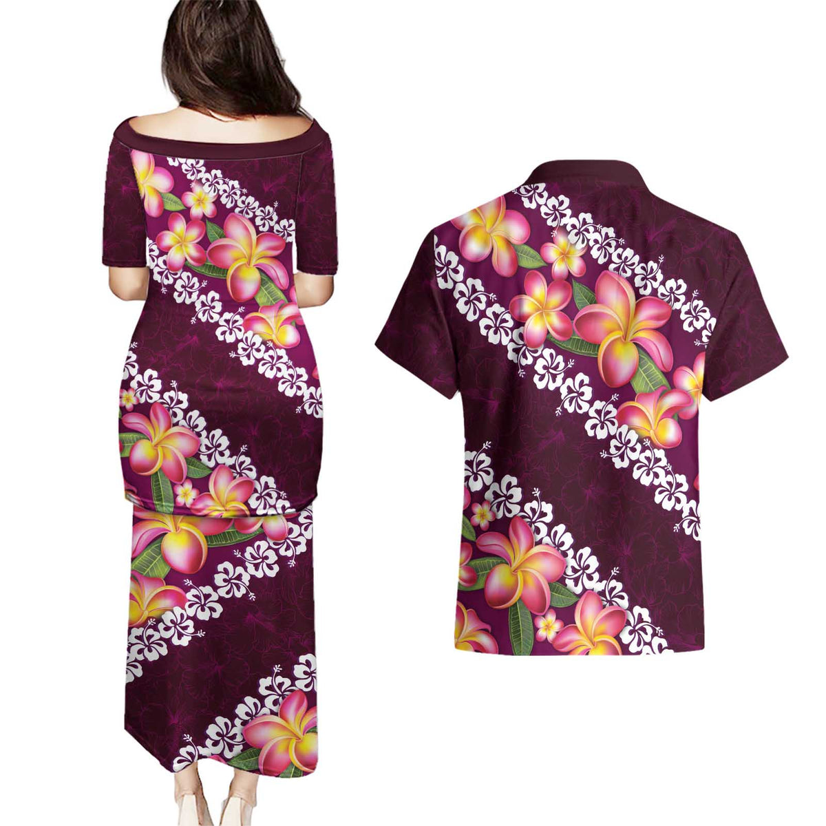 Pink Polynesia Couples Matching Puletasi and Hawaiian Shirt Plumeria With Hibiscus Pattern Tropical Vibes