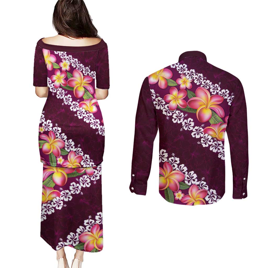 Pink Polynesia Couples Matching Puletasi and Long Sleeve Button Shirt Plumeria With Hibiscus Pattern Tropical Vibes