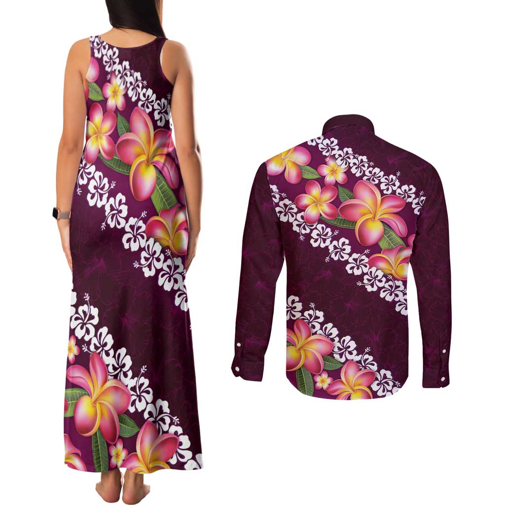 Pink Polynesia Couples Matching Tank Maxi Dress and Long Sleeve Button Shirt Plumeria With Hibiscus Pattern Tropical Vibes