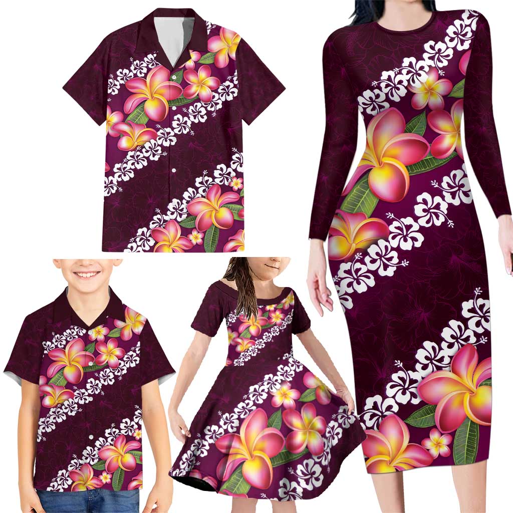 Pink Polynesia Family Matching Long Sleeve Bodycon Dress and Hawaiian Shirt Plumeria With Hibiscus Pattern Tropical Vibes LT14 - Polynesian Pride
