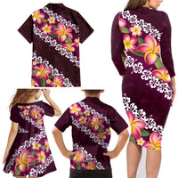 Pink Polynesia Family Matching Long Sleeve Bodycon Dress and Hawaiian Shirt Plumeria With Hibiscus Pattern Tropical Vibes LT14 - Polynesian Pride