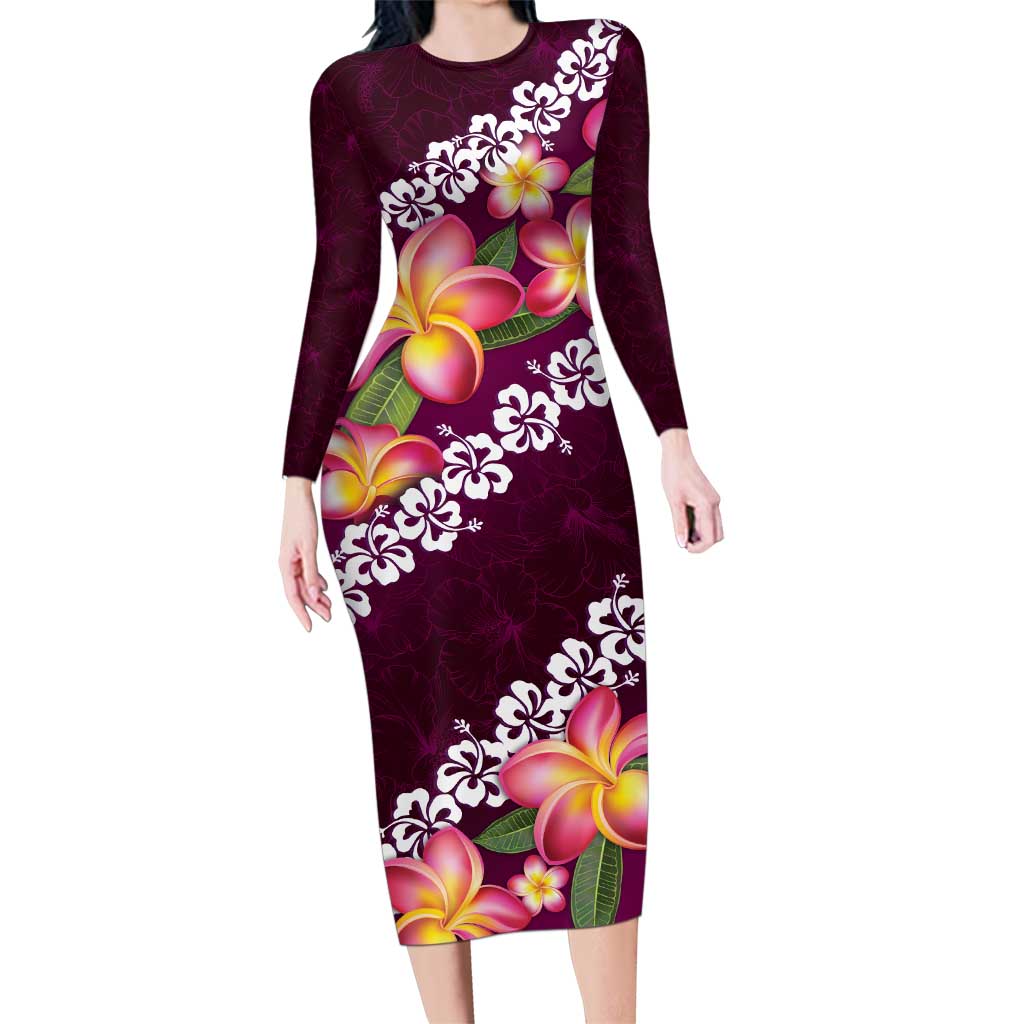 Pink Polynesia Family Matching Long Sleeve Bodycon Dress and Hawaiian Shirt Plumeria With Hibiscus Pattern Tropical Vibes LT14 Mom's Dress Pink - Polynesian Pride