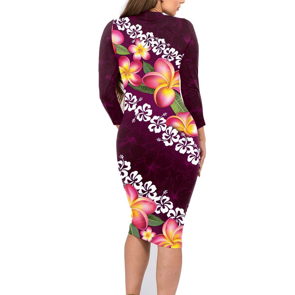 Pink Polynesia Family Matching Long Sleeve Bodycon Dress and Hawaiian Shirt Plumeria With Hibiscus Pattern Tropical Vibes LT14 - Polynesian Pride