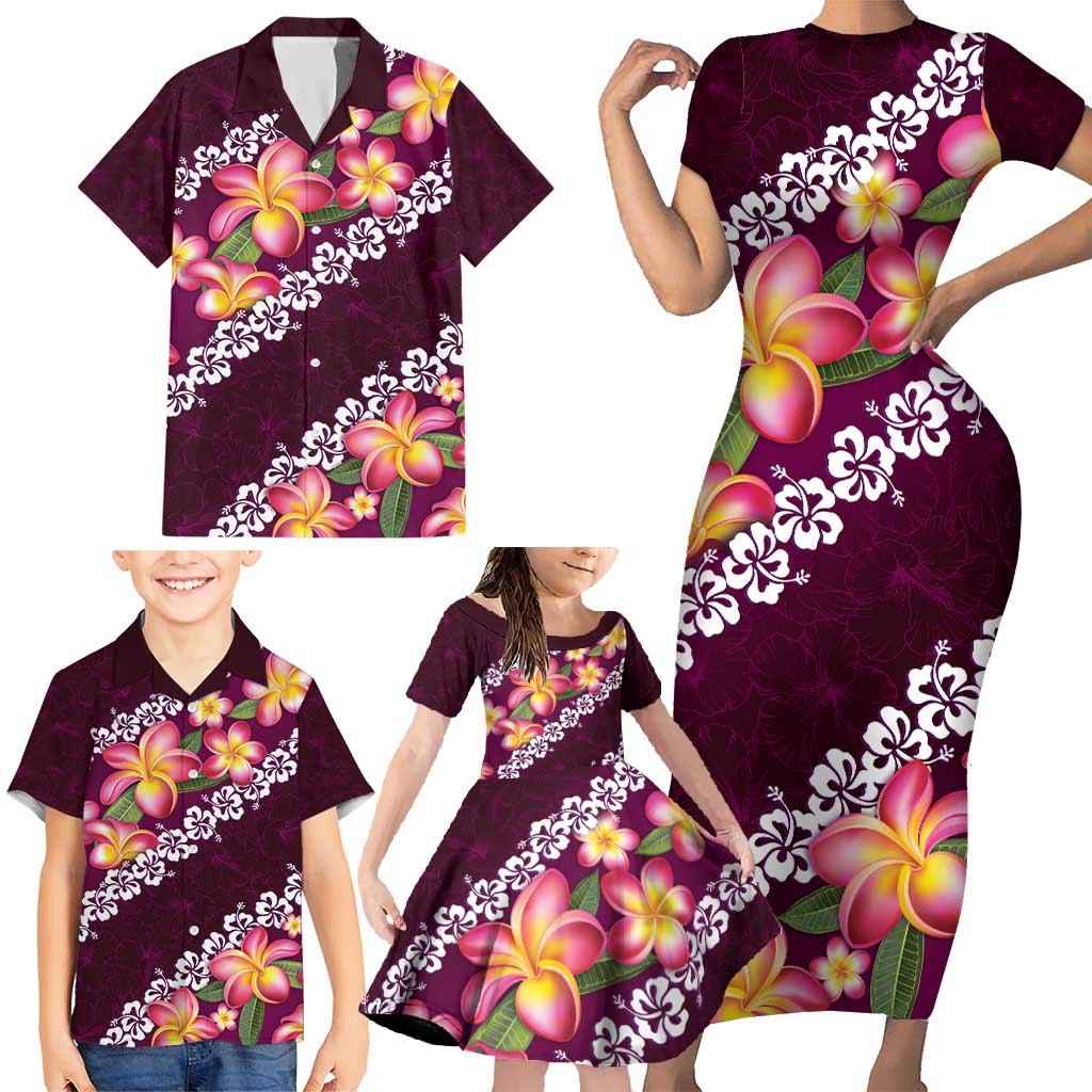 Pink Polynesia Family Matching Short Sleeve Bodycon Dress and Hawaiian Shirt Plumeria With Hibiscus Pattern Tropical Vibes LT14 - Polynesian Pride