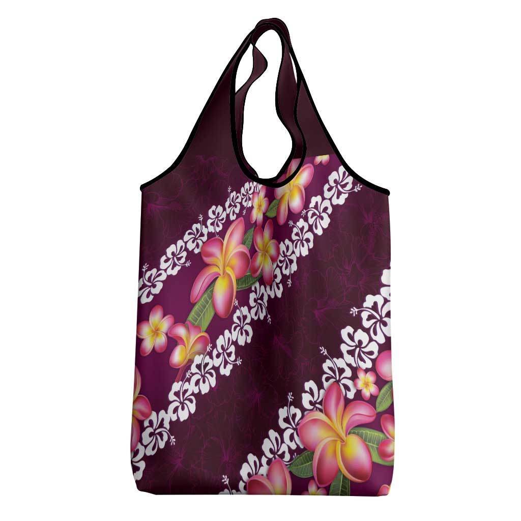 Pink Polynesia Grocery Bag Plumeria With Hibiscus Pattern Tropical Vibes