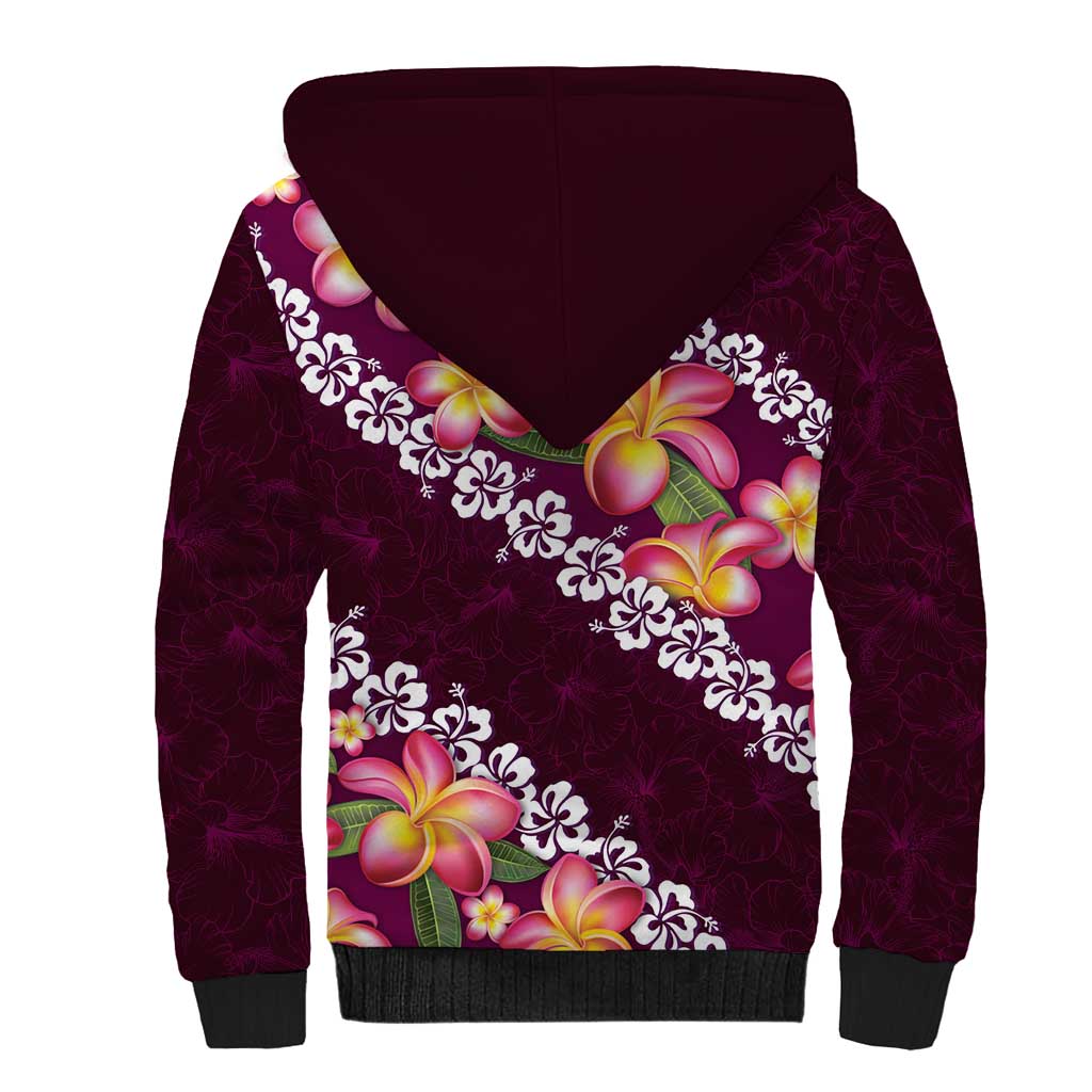 Pink Polynesia Sherpa Hoodie Plumeria With Hibiscus Pattern Tropical Vibes