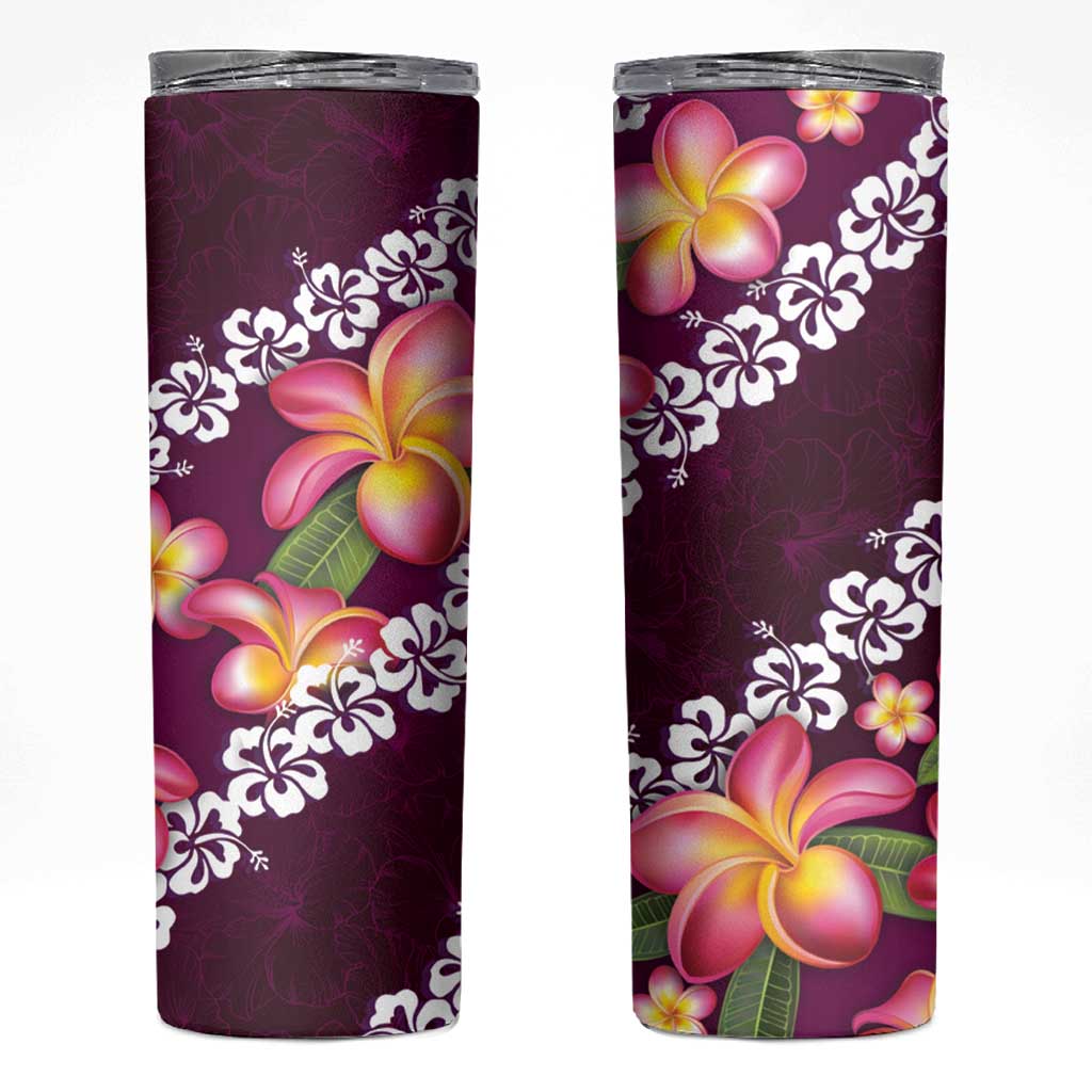 Pink Polynesia Skinny Tumbler Plumeria With Hibiscus Pattern Tropical Vibes