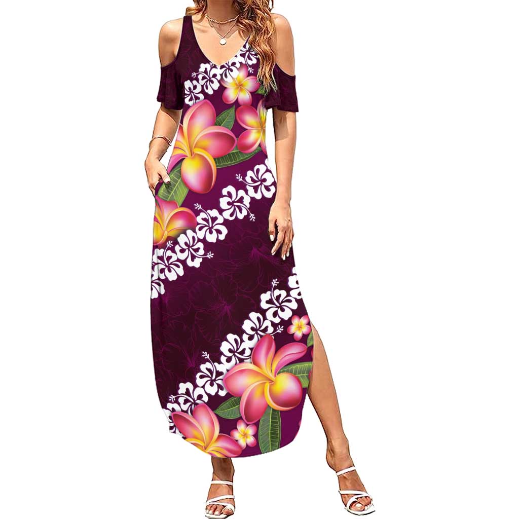 Pink Polynesia Summer Maxi Dress Plumeria With Hibiscus Pattern Tropical Vibes