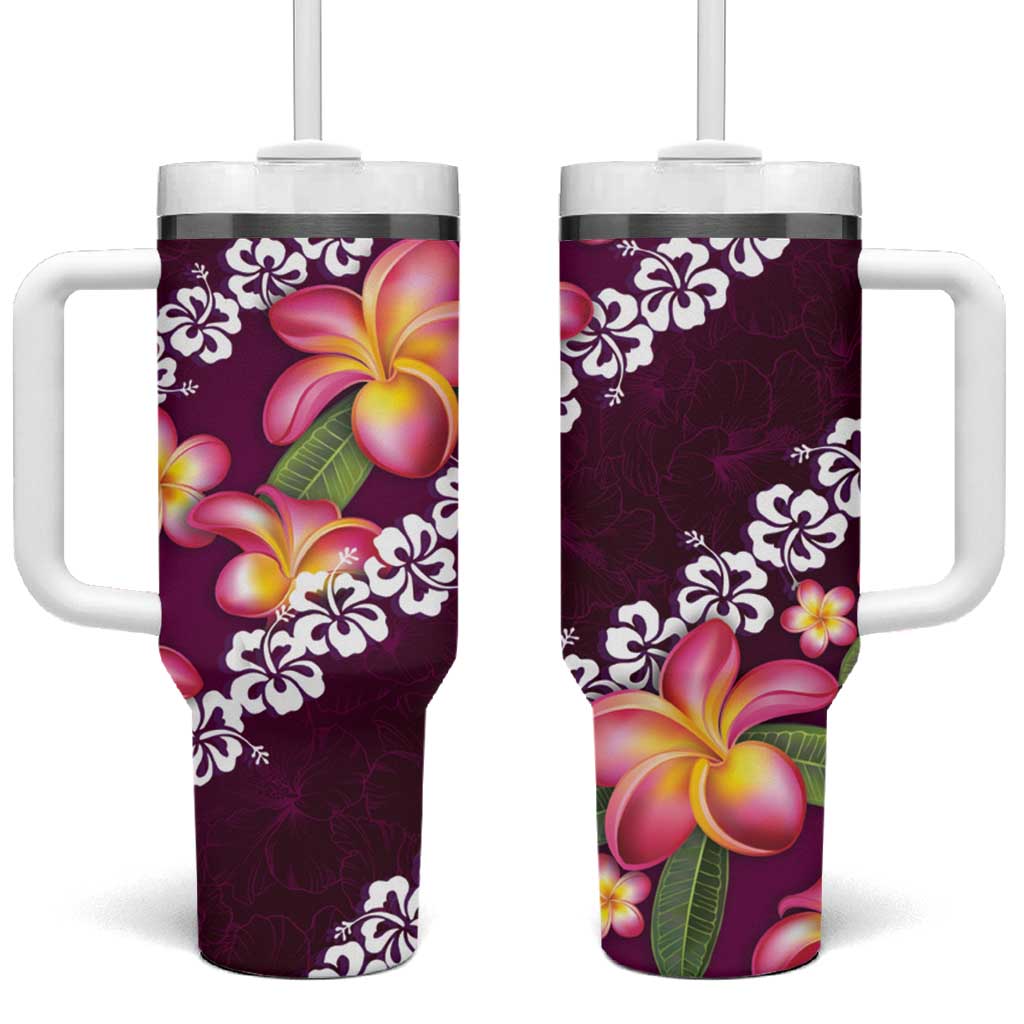 Pink Polynesia Tumbler With Handle Plumeria With Hibiscus Pattern Tropical Vibes