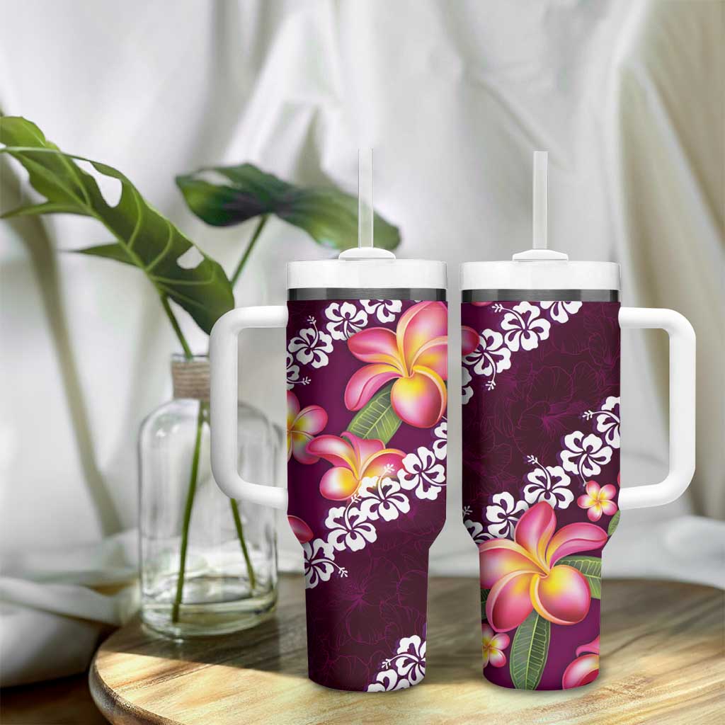 Pink Polynesia Tumbler With Handle Plumeria With Hibiscus Pattern Tropical Vibes