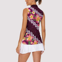 Pink Polynesia Women Sleeveless Polo Shirt Plumeria With Hibiscus Pattern Tropical Vibes