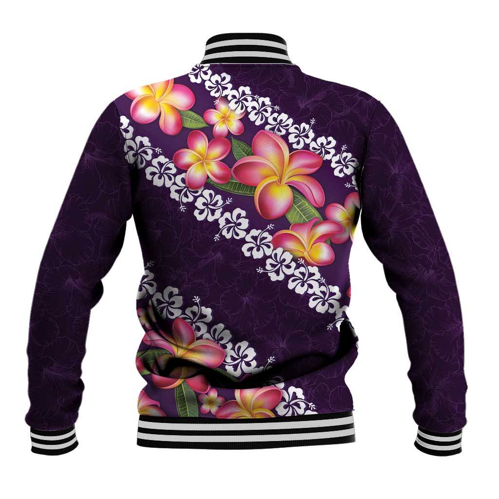 Purple Polynesia Baseball Jacket Plumeria With Hibiscus Pattern Tropical Vibes