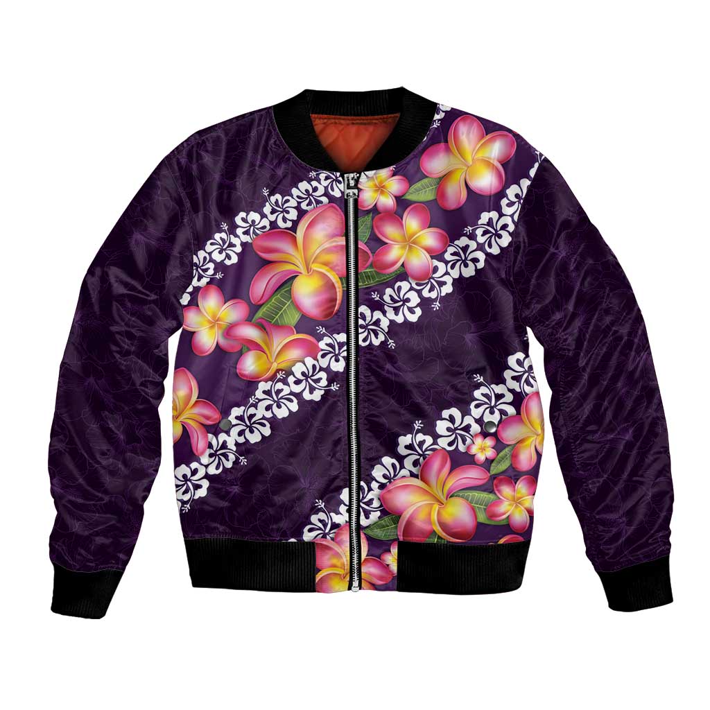 Purple Polynesia Bomber Jacket Plumeria With Hibiscus Pattern Tropical Vibes