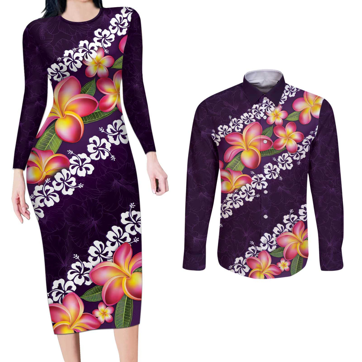 Purple Polynesia Couples Matching Long Sleeve Bodycon Dress and Long Sleeve Button Shirt Plumeria With Hibiscus Pattern Tropical Vibes