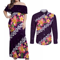 Purple Polynesia Couples Matching Off Shoulder Maxi Dress and Long Sleeve Button Shirt Plumeria With Hibiscus Pattern Tropical Vibes
