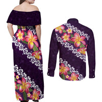 Purple Polynesia Couples Matching Off Shoulder Maxi Dress and Long Sleeve Button Shirt Plumeria With Hibiscus Pattern Tropical Vibes
