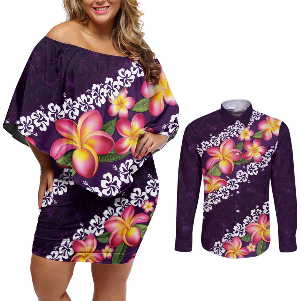 Purple Polynesia Couples Matching Off Shoulder Short Dress and Long Sleeve Button Shirt Plumeria With Hibiscus Pattern Tropical Vibes