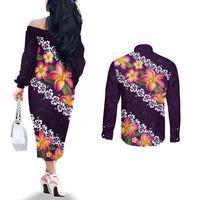 Purple Polynesia Couples Matching Off The Shoulder Long Sleeve Dress and Long Sleeve Button Shirt Plumeria With Hibiscus Pattern Tropical Vibes