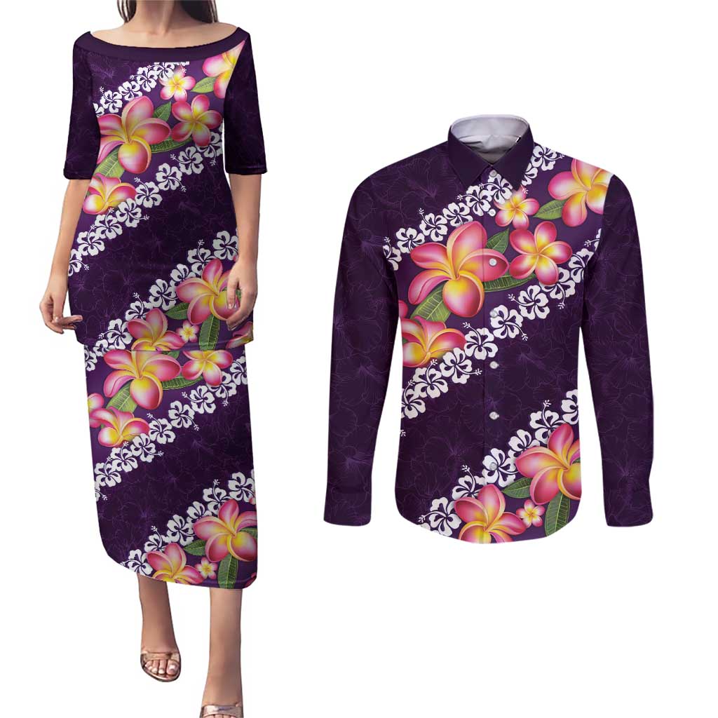 Purple Polynesia Couples Matching Puletasi and Long Sleeve Button Shirt Plumeria With Hibiscus Pattern Tropical Vibes