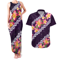 Purple Polynesia Couples Matching Tank Maxi Dress and Hawaiian Shirt Plumeria With Hibiscus Pattern Tropical Vibes LT14 Purple - Polynesian Pride