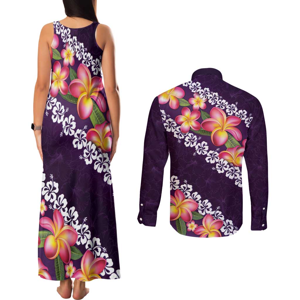 Purple Polynesia Couples Matching Tank Maxi Dress and Long Sleeve Button Shirt Plumeria With Hibiscus Pattern Tropical Vibes