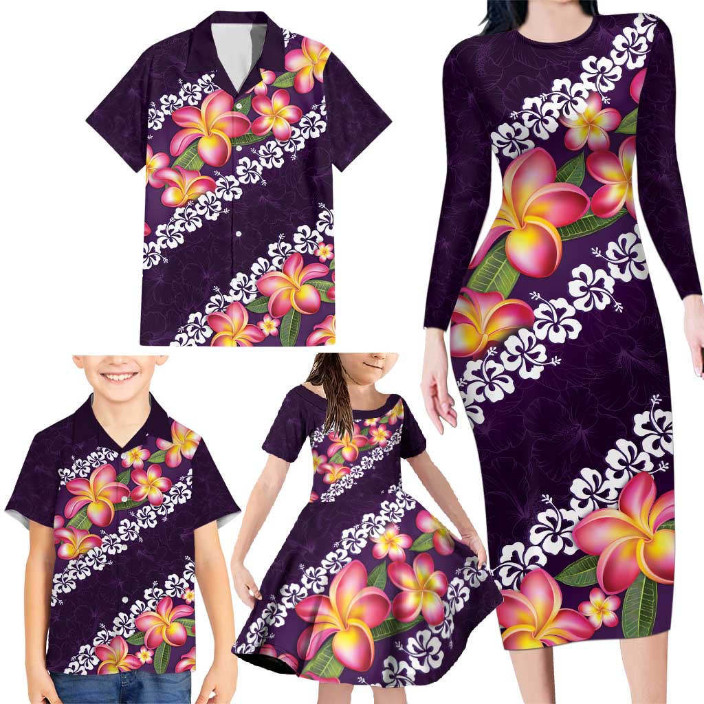Purple Polynesia Family Matching Long Sleeve Bodycon Dress and Hawaiian Shirt Plumeria With Hibiscus Pattern Tropical Vibes LT14 - Polynesian Pride