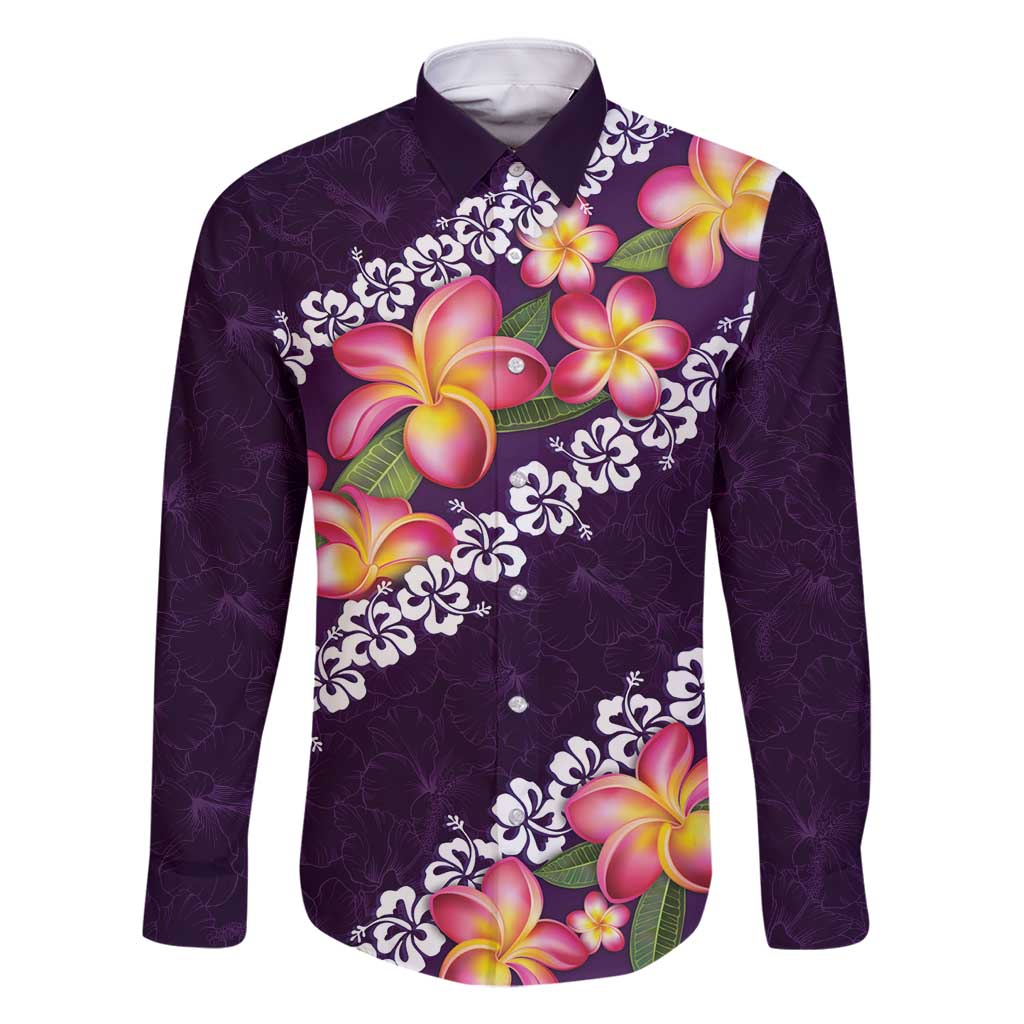 Purple Polynesia Family Matching Long Sleeve Bodycon Dress and Hawaiian Shirt Plumeria With Hibiscus Pattern Tropical Vibes LT14 Dad's Shirt - Long Sleeve Purple - Polynesian Pride