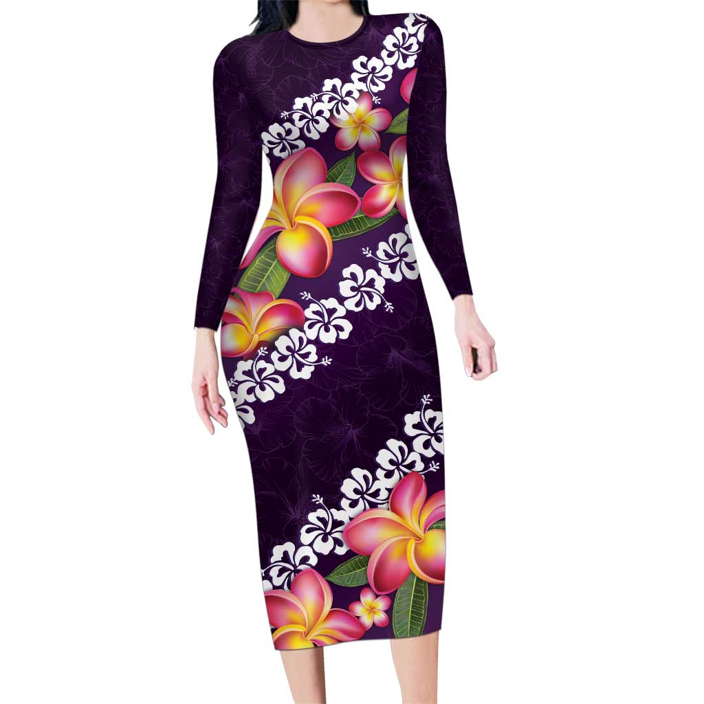 Purple Polynesia Family Matching Long Sleeve Bodycon Dress and Hawaiian Shirt Plumeria With Hibiscus Pattern Tropical Vibes LT14 Mom's Dress Purple - Polynesian Pride
