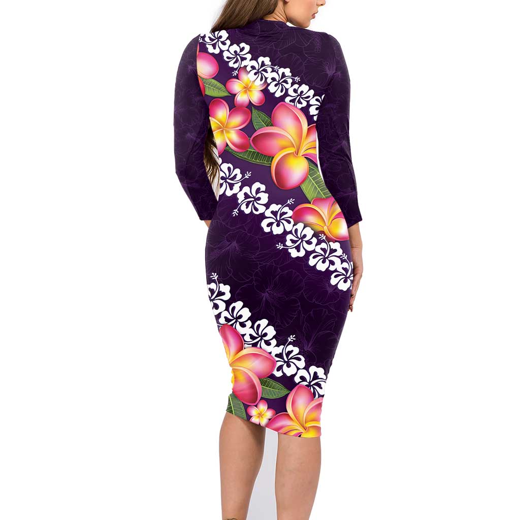 Purple Polynesia Family Matching Long Sleeve Bodycon Dress and Hawaiian Shirt Plumeria With Hibiscus Pattern Tropical Vibes LT14 - Polynesian Pride