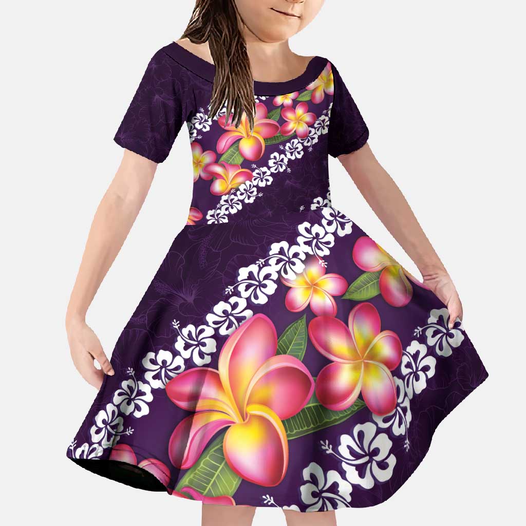 Purple Polynesia Family Matching Mermaid Dress and Hawaiian Shirt Plumeria With Hibiscus Pattern Tropical Vibes LT14 Daughter's Dress Purple - Polynesian Pride