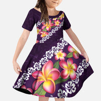 Purple Polynesia Family Matching Short Sleeve Bodycon Dress and Hawaiian Shirt Plumeria With Hibiscus Pattern Tropical Vibes LT14 Daughter's Dress Purple - Polynesian Pride