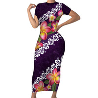 Purple Polynesia Family Matching Short Sleeve Bodycon Dress and Hawaiian Shirt Plumeria With Hibiscus Pattern Tropical Vibes LT14 Mom's Dress Purple - Polynesian Pride