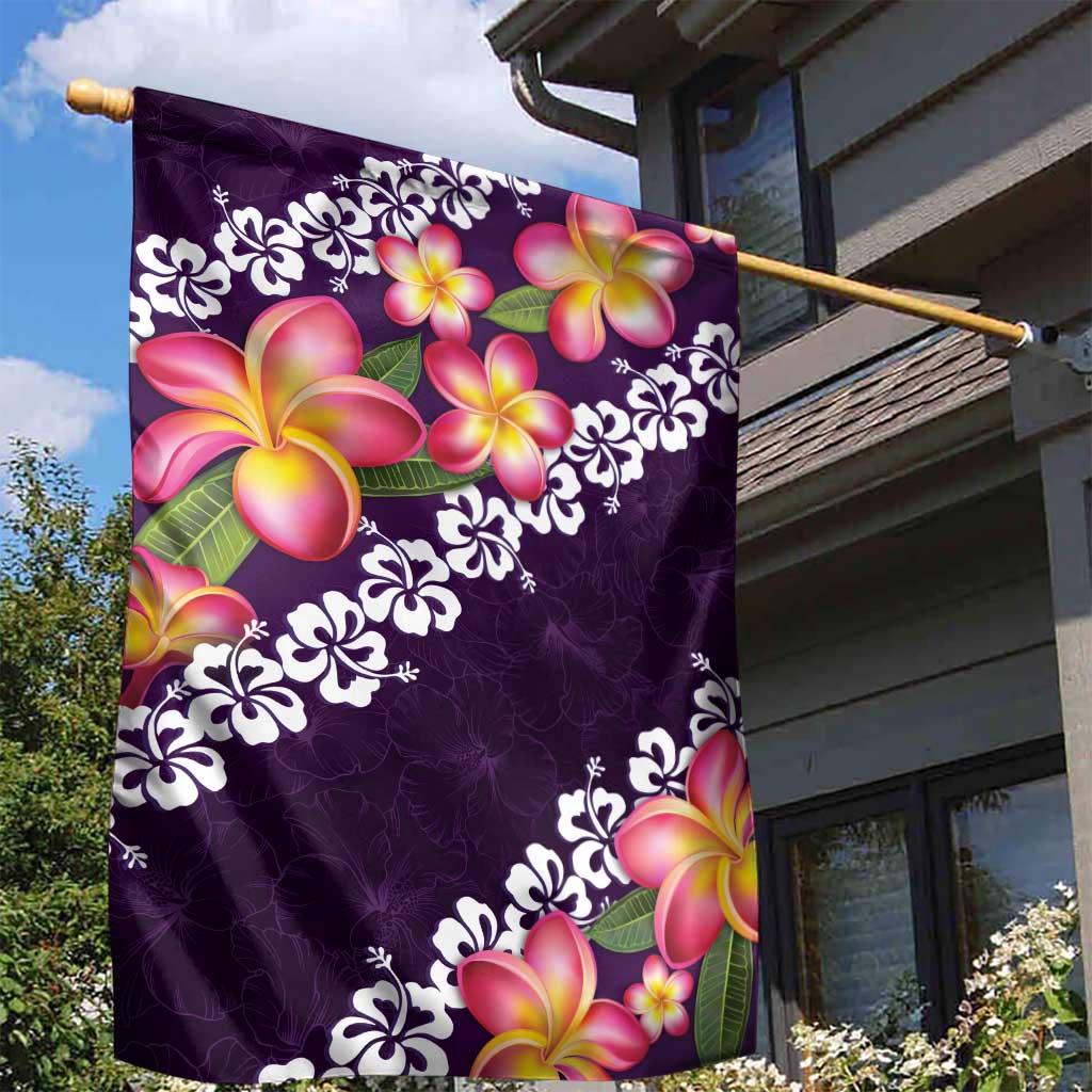 Purple Polynesia Garden Flag Plumeria With Hibiscus Pattern Tropical Vibes