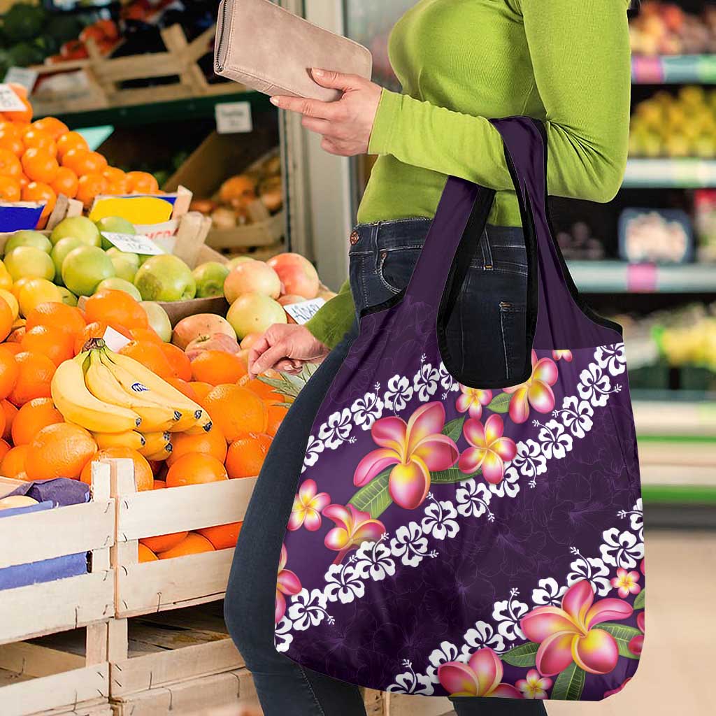 Purple Polynesia Grocery Bag Plumeria With Hibiscus Pattern Tropical Vibes