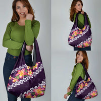 Purple Polynesia Grocery Bag Plumeria With Hibiscus Pattern Tropical Vibes