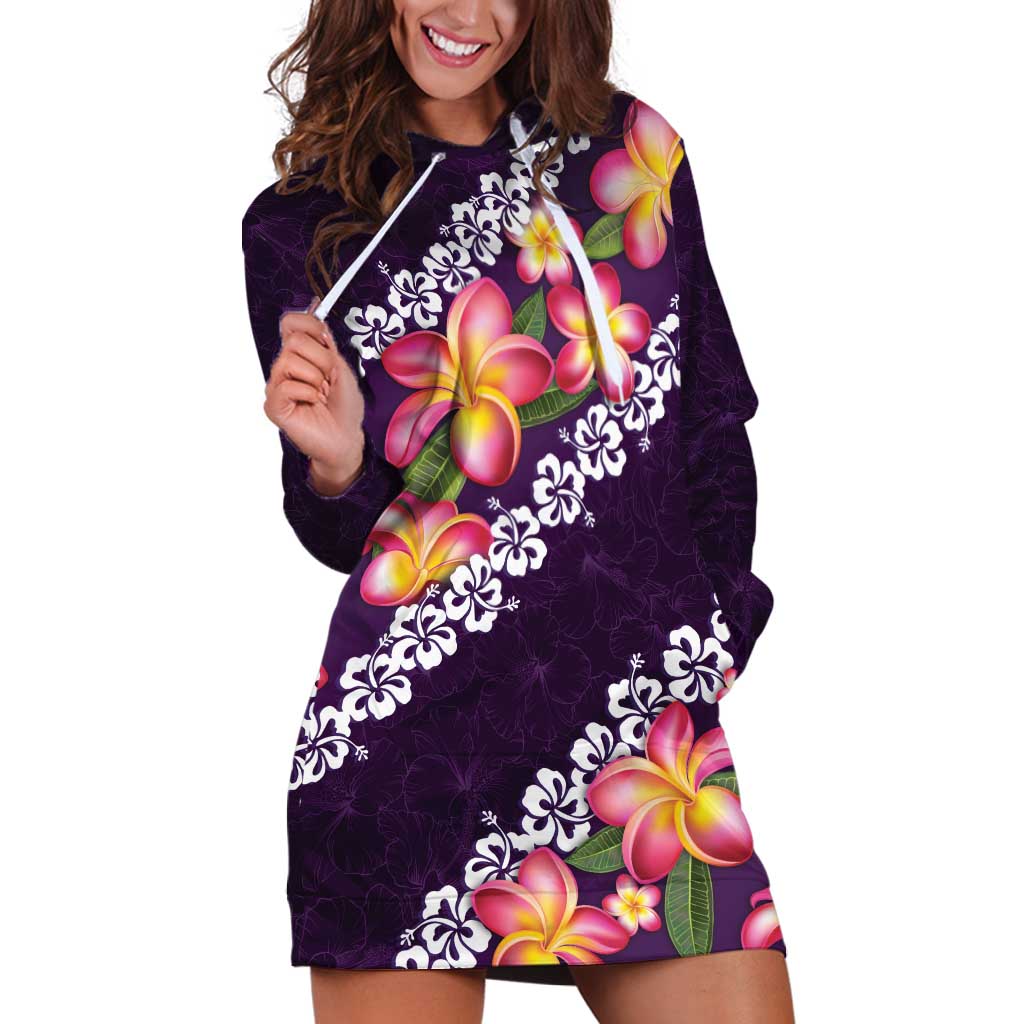 Purple Polynesia Hoodie Dress Plumeria With Hibiscus Pattern Tropical Vibes