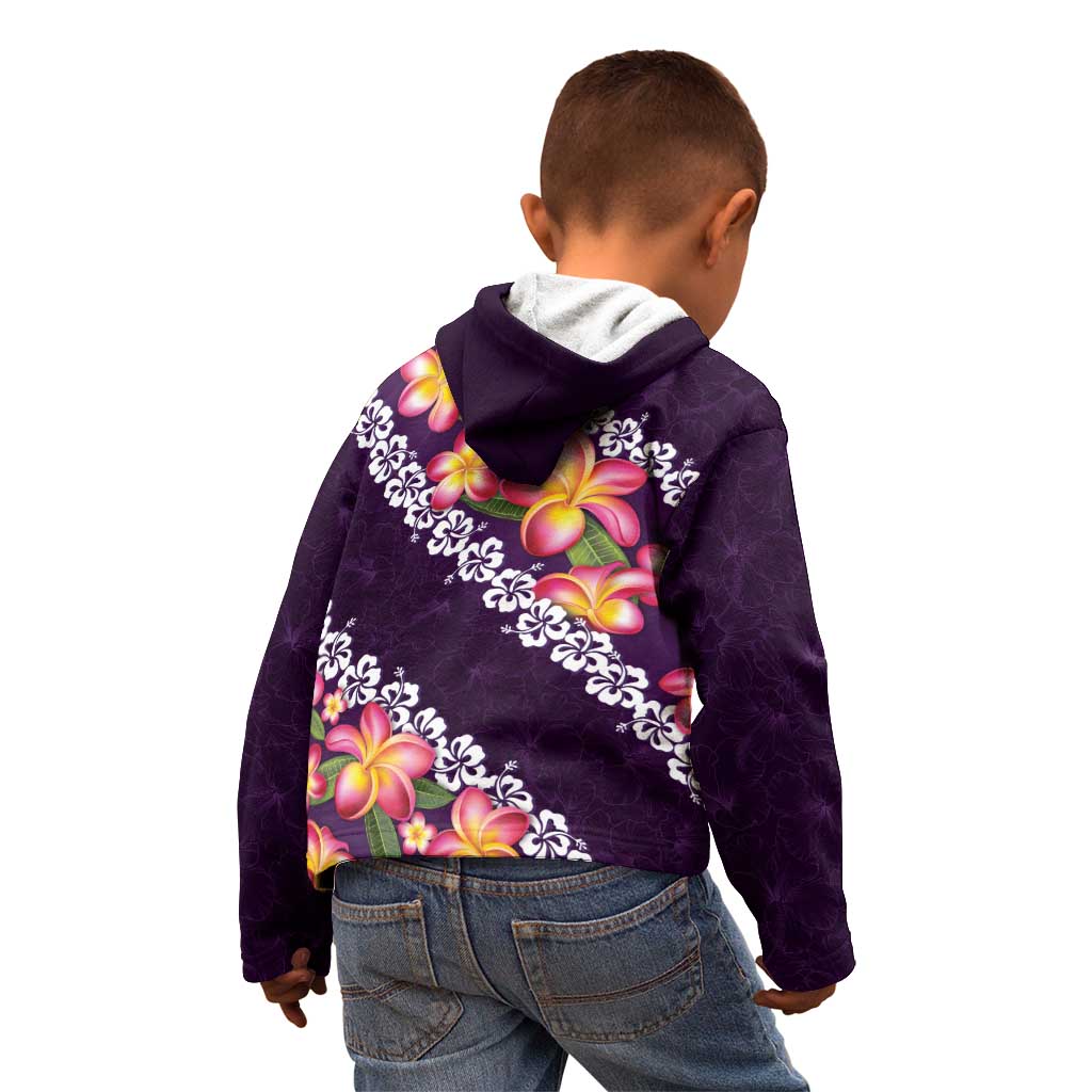 Purple Polynesia Kid Hoodie Plumeria With Hibiscus Pattern Tropical Vibes