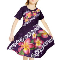 Purple Polynesia Kid Short Sleeve Dress Plumeria With Hibiscus Pattern Tropical Vibes