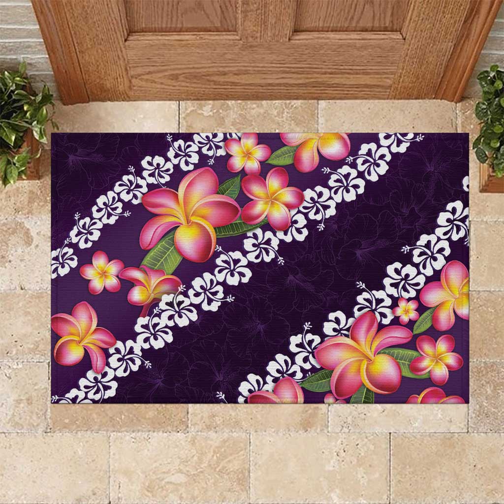 Purple Polynesia Rubber Doormat Plumeria With Hibiscus Pattern Tropical Vibes