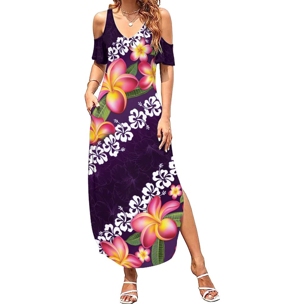 Purple Polynesia Summer Maxi Dress Plumeria With Hibiscus Pattern Tropical Vibes