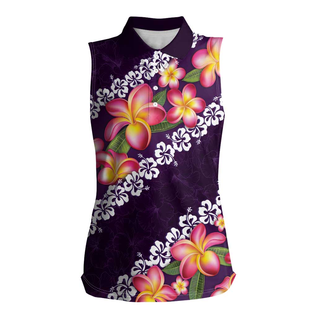 Purple Polynesia Women Sleeveless Polo Shirt Plumeria With Hibiscus Pattern Tropical Vibes