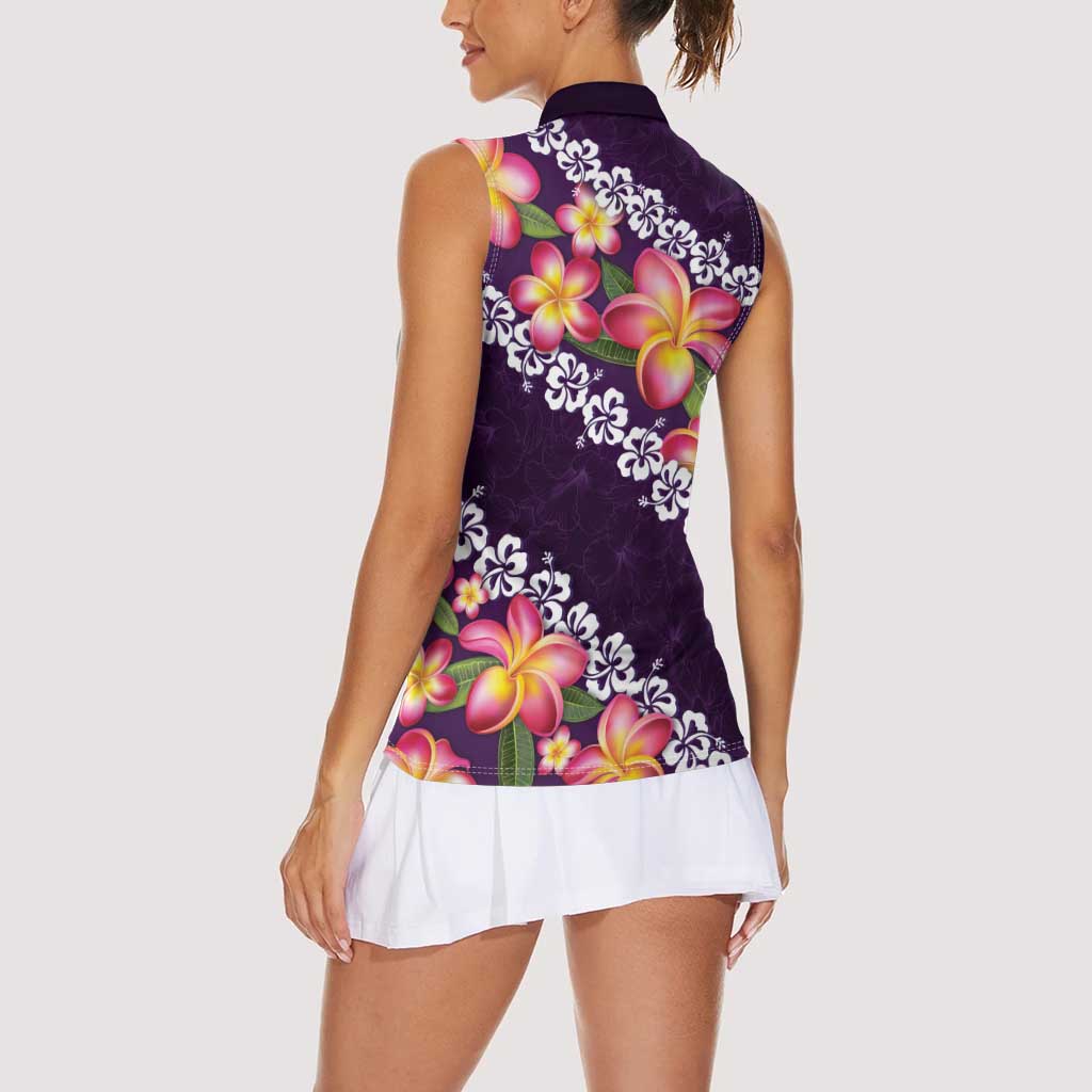 Purple Polynesia Women Sleeveless Polo Shirt Plumeria With Hibiscus Pattern Tropical Vibes