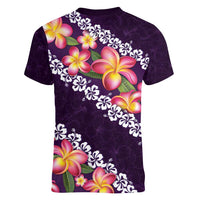 Purple Polynesia Women V-Neck T-Shirt Plumeria With Hibiscus Pattern Tropical Vibes