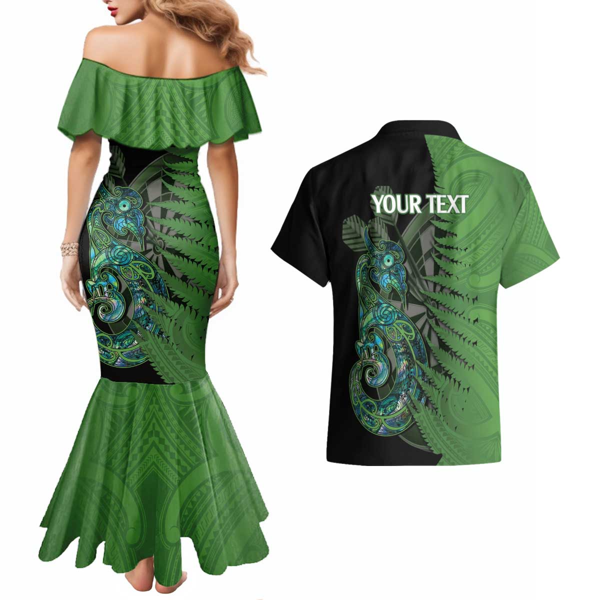 Personalised New Zealand Darts Couples Matching Mermaid Dress and Hawaiian Shirt Aotearoa Maori Fern Mix Manaia Tattoo LT14 - Polynesian Pride