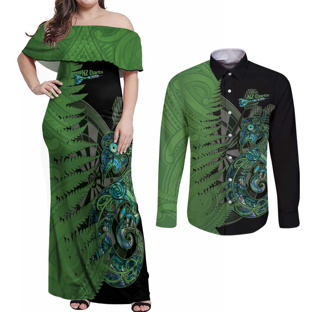 Personalised New Zealand Darts Couples Matching Off Shoulder Maxi Dress and Long Sleeve Button Shirt Aotearoa Maori Fern Mix Manaia Tattoo LT14 Green - Polynesian Pride