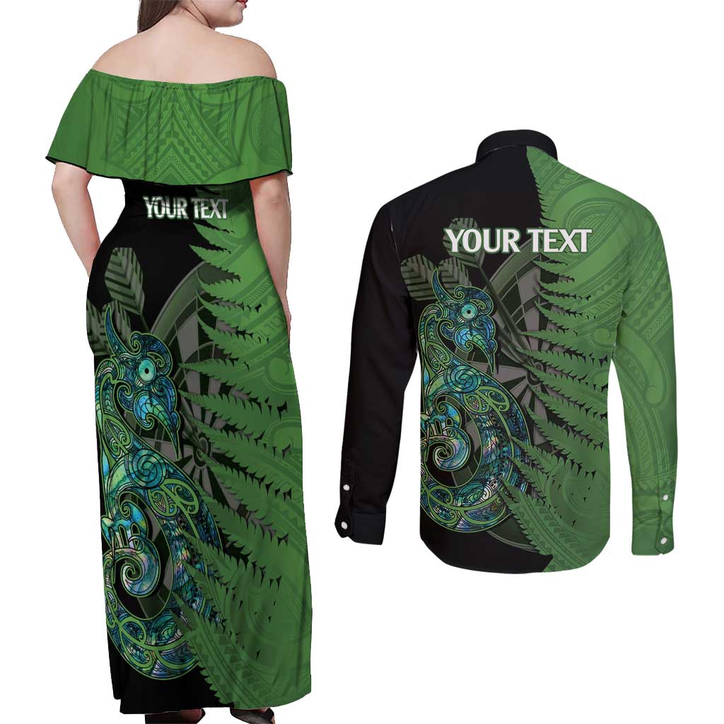 Personalised New Zealand Darts Couples Matching Off Shoulder Maxi Dress and Long Sleeve Button Shirt Aotearoa Maori Fern Mix Manaia Tattoo LT14 - Polynesian Pride