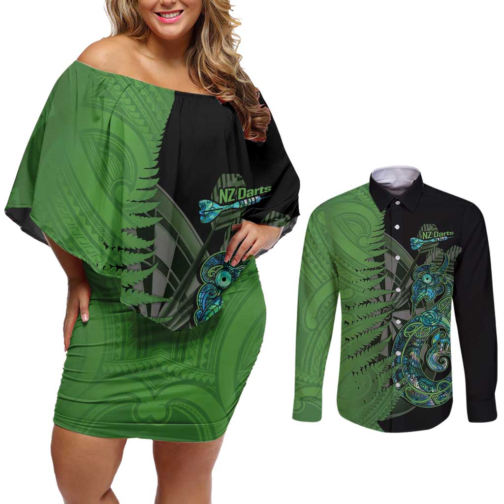 Personalised New Zealand Darts Couples Matching Off Shoulder Short Dress and Long Sleeve Button Shirt Aotearoa Maori Fern Mix Manaia Tattoo LT14 Green - Polynesian Pride