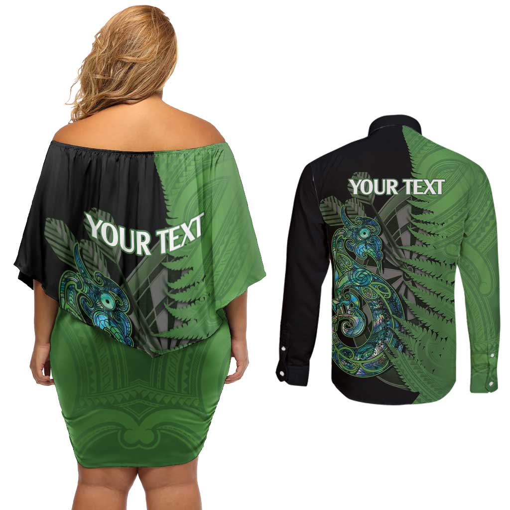 Personalised New Zealand Darts Couples Matching Off Shoulder Short Dress and Long Sleeve Button Shirt Aotearoa Maori Fern Mix Manaia Tattoo LT14 - Polynesian Pride