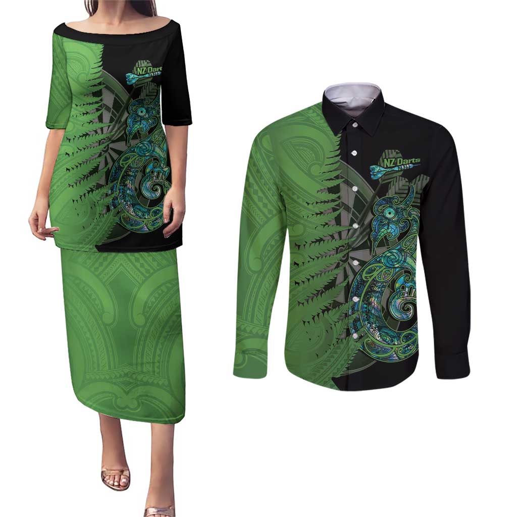 Personalised New Zealand Darts Couples Matching Puletasi and Long Sleeve Button Shirt Aotearoa Maori Fern Mix Manaia Tattoo LT14 Green - Polynesian Pride